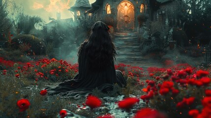 Obraz premium Mysterious figure in a dark cloak sits among vibrant red poppies, gazing at an enchanting cottage
