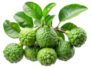Obraz premium Fresh Kaffir Lime Fruits on Branch with Lush Green Leaves Isolated on White Background