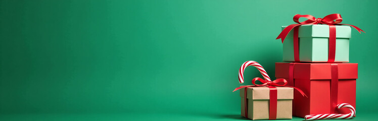 Fototapeta premium Image Of Gift Boxes With Red Ribbons And Candy Canes On A Green Background Creates A Warm, Festive Christmas Atmosphere Instantly.