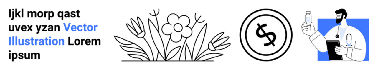 Flowers blooming with leaves, circular money sign, professional doctor holding water bottle Ideal for health, wellness, finance, sustainability, education, balance and abstracts. Abstract line flat