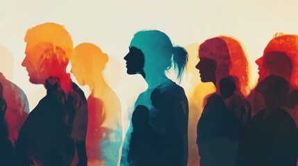 Talking crowd. People talking. Dialogue between people. Colored silhouette profiles. Multiple exposure illustration