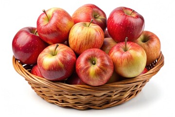 A wicker basket full of ripe red and yellow apples