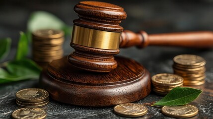 A wooden gavel rests on a table surrounded by coins, symbolizing fairness and justice in legal proceedings. Copy space, 300 dpi, commercial use