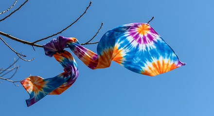 Obraz premium Colorful Fabric Blowing in the Wind Against Clear Blue Sky Background