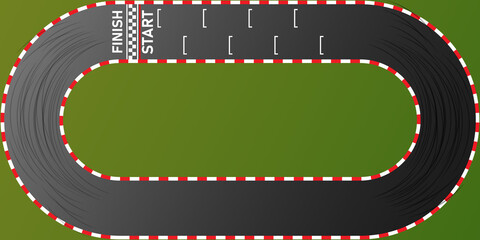 Circuit finish line racing background top view illustration. Kart Car racing on an asphalt road. Vector