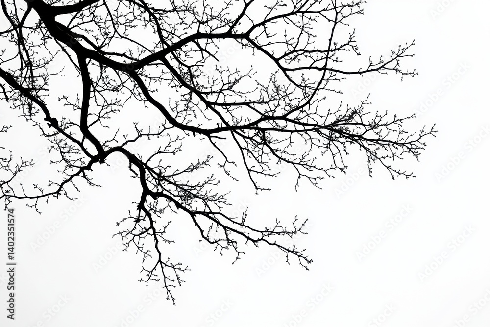 Poster silhouettes of barren tree branches against a bright white sky in a tranquil natural setting during 