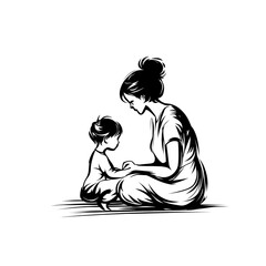 mom and child silhouette in line art, white background, simple and emotional composition