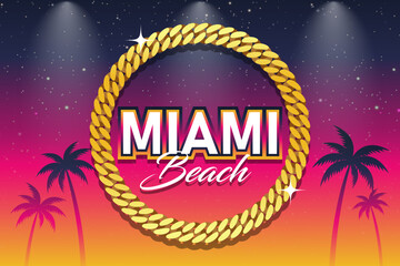 Miami Beach Illustration Miami Cuban Link Gold Chain palm trees stars in the sky vector