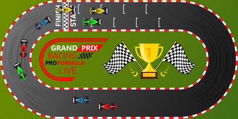 Circuit finish line racing background top view illustration. Grand Prix Trophy Flags Kart Car racing on an asphalt road. Vector