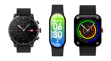 Smartwatch collection, realistic icons isolated on white, technology electronic gadgets, wrist watch vector illustration, interesting modern electronic bands set