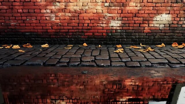 Fallen Autumn Leaves Create Artistic Reflections on Cobblestone Pathway