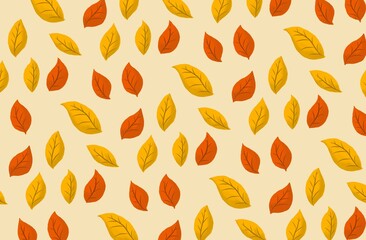 A charming background pattern featuring hand-drawn autumn leaves in warm shades of orange and golden yellow on a soft beige background. Perfect for seasonal packaging, textiles, wallpapers.