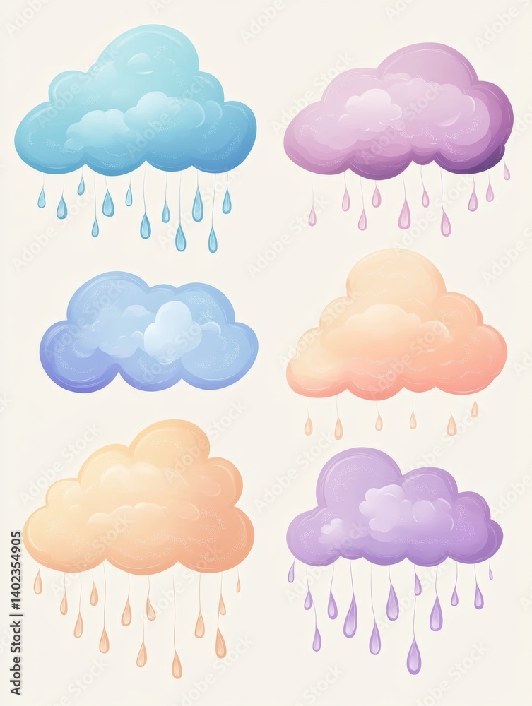 Poster Pastel clouds with soft raindrops create a calming atmosphere on a neutral background during a serene moment in nature