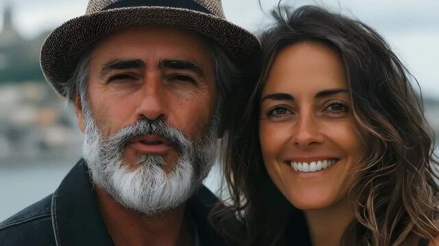 Retired couple exploring the world with joyful expressions and matching hats