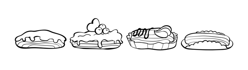 Set of delicious doodle eclairs. Festive sweet pastries with chocolate, cream, sprinkles, berries and marshmallows. Suitable for confectionery, logo, menu. Vector curved outline illustration.