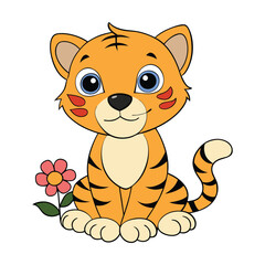 Fototapeta premium A cute tiger cub surrounded by colorful flowers, with its playful eyes and soft fur, creating an adorable and peaceful scene of nature's beauty and innocence.