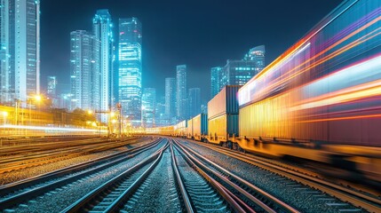 Obraz premium A speeding train transporting containers through a modern city at night