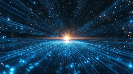 Blue lines radiate outward from a bright central point against a dark backdrop. -