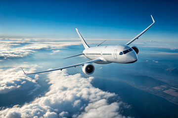 airplane in the sky, white passenger jet gracefully soaring through a vast expanse of fluffy white clouds above a backdrop of a light blue ocean.
