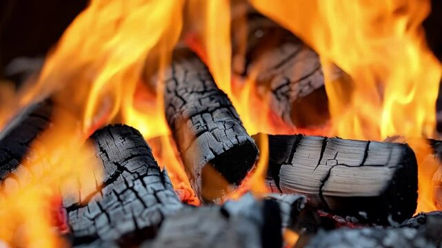 Intense wildfire footage: flames devouring dry wood and thick smoke billowing into the sky, capturing raw destruction.