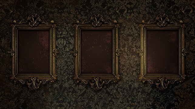 Four antique frames on a dark damask wallpaper