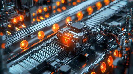 A futuristic, high-tech environment featuring complex machinery and glowing orange elements, showcasing advanced technology and intricate designs.