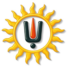 Vector illustration of Tirupati Balaji Tilak symbol inside a radiant sun. Spiritual, divine, cultural, sacred, Indian, Hindu, glossy, Tilak, sun, religious, Balaji,  symbolic, traditional, Hindu