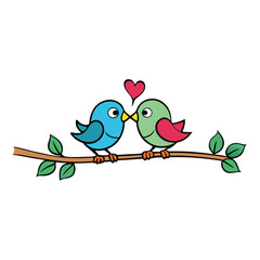 Two lovebirds perch on a slender branch, their beaks gently touching in a tender kiss, feathers fluffed, silhouetted against a soft, golden sky of affection.