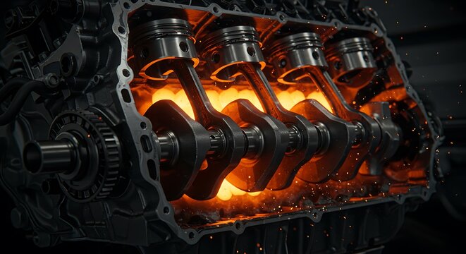 Inspecting Car Engine Pistons and Crankshaft with Orange Glowing Hues