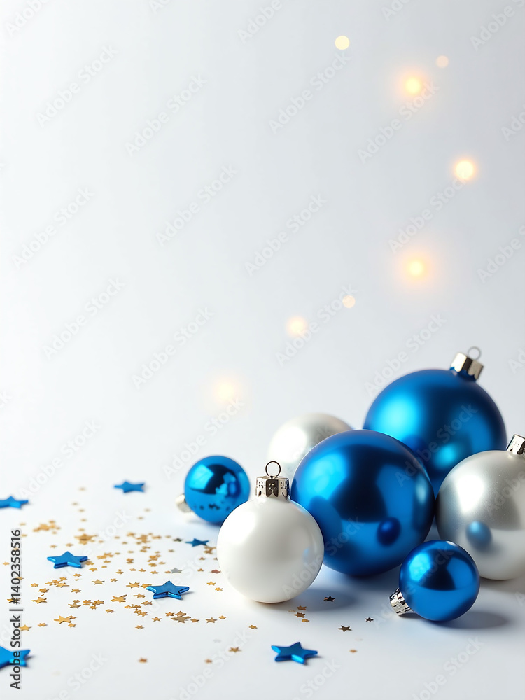 Poster photo of blue white silver baubles glowing star ornaments and confetti on isolated white background 