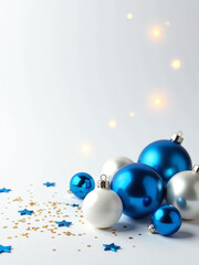 Photo Of Blue White Silver Baubles Glowing Star Ornaments And Confetti On Isolated White Background With Generous Empty Space For Text Or Graphics.