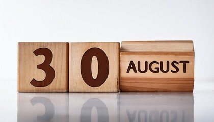 Minimalist photo of wooden blocks with date 30 August. Day and month, calendar on white background