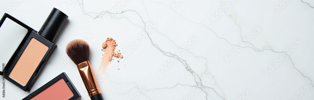 Aufkleber Photo Of Makeup Products On A White Marble Background With Ample Empty Space To Create Visual Balance And Simplicity.