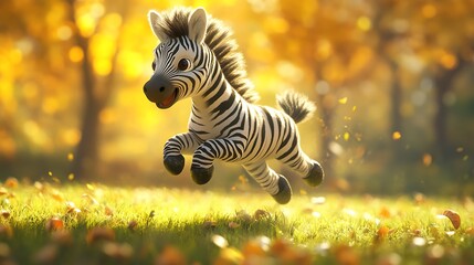 Playful Zebra Foal Leaps in Autumn Sunlight