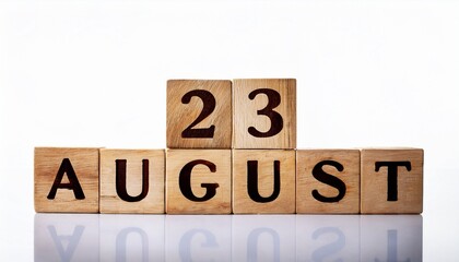 Minimalist photo of wooden blocks with date 23 August. Day and month, calendar on white background