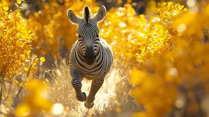Zebra Running Through Golden Yellow Flowers in Sunlight