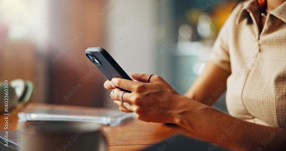 Poster typing, phone and hands of woman in home for social media, internet and online networking on website