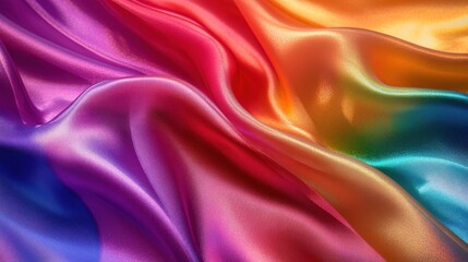 Obraz premium Abstract close-up of vibrant, shimmering iridescent fabric in rainbow hues, showing smooth waves, folds, and glossy reflective surface. illustration