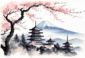 japanese pagoda and cherry blossoms