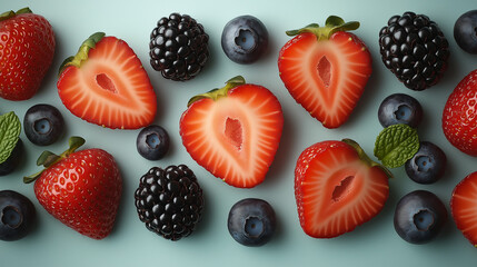 Summer Berries Mix: A vibrant mix of fresh strawberries, blueberries, and blackberries arranged artfully on a light teal background, capturing the essence of summer freshness.