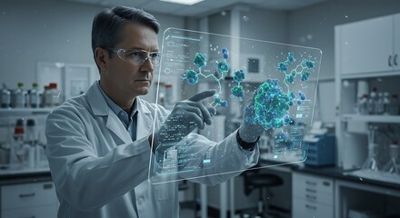 Scientist Analyzing Molecular Structure on Transparent Screen in Laboratory Setting