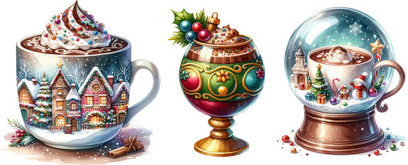 Fototapeta premium Christmas Mug Clipart Set Watercolor Hot Cocoa Mugs with Holiday Decorations Cute Winter Drink Illustrations