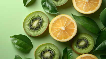 Fototapeta premium Citrus Burst with Kiwi: A vibrant and refreshing visual feast of kiwi and orange slices interspersed with lush green leaves.