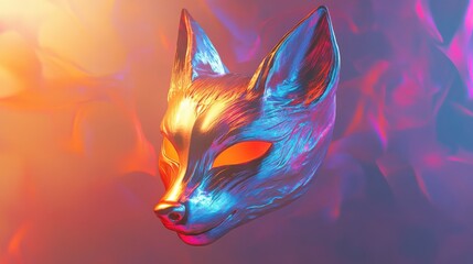 The fox mask with an iridescent metallic finish suspended in mid-air with soft light creating a phantasmal effect illustration