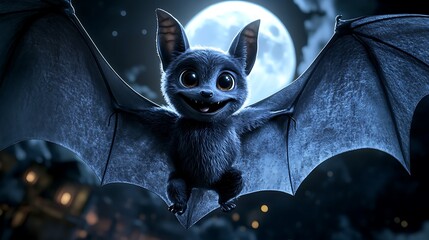 Adorable Cartoon Bat Flying Under Full Moon at Night