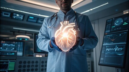 Doctor holding a glowing heart in a futuristic medical environment.