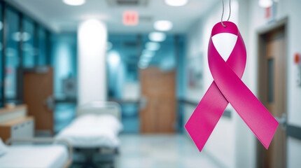 breast cancer awareness ribbon floats gently in hospital corridor with bright blurry background