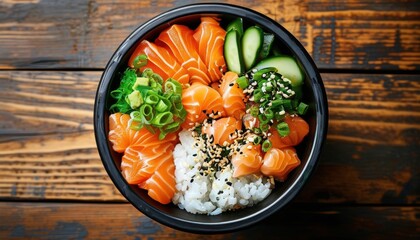 Deconstructed poke bowl with fresh salmon and vegetables on wooden table
