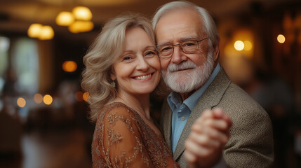 Elegant Couple Dancing: A charming senior couple shares an intimate dance, their smiles radiating warmth and affection in a dimly lit ballroom.