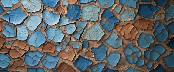Weathered Blue and Brown Cracked Tiles Wall Texture.